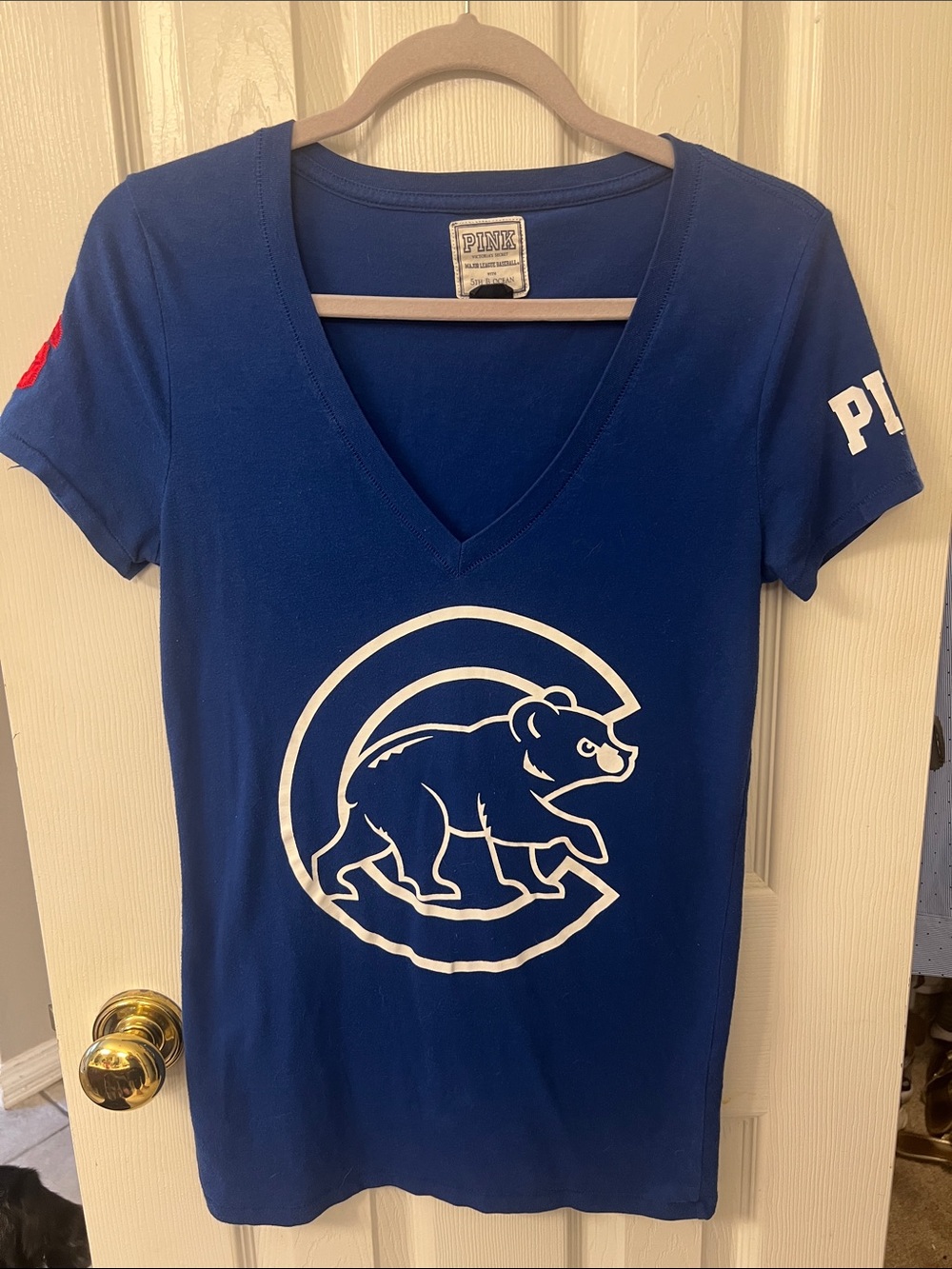PINK Victoria's Secret Navy Blue V-Neck Tee with White Bear Logo